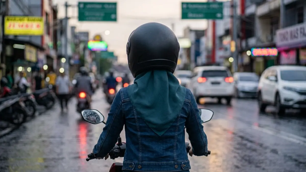 Tips memilih helm yang nyaman untuk perempuan hijabers. (foto diolah dengan AI)
