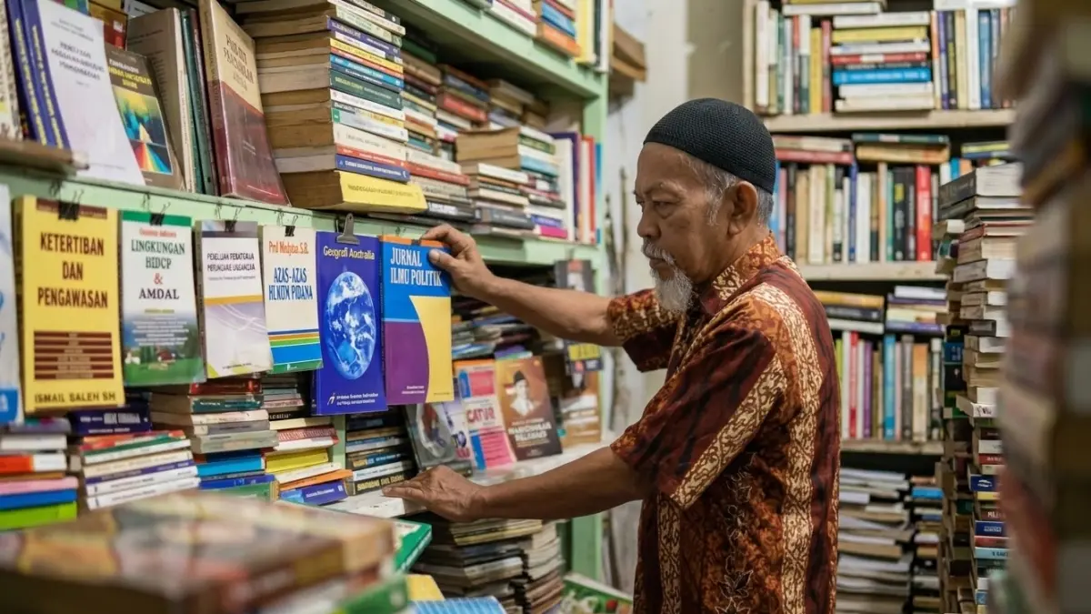 JAGA KONDISI: Mustakim, menata buku dagangannya di rak-rak kayu di rumahnya. (M. ADHI SURYA/RADAR JEMBER)