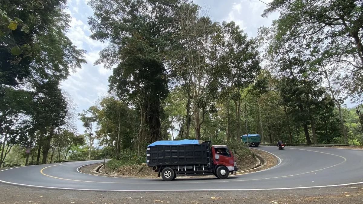 MENIKUNG: Pengguna jalan melintas di tikungan jalur Gumitir. Jalan penghubung Jember – Banyuwangi tidak hanya rawan laka tunggal, tapi juga pohon tumbang. (JUMAI/RADAR JEMBER)
