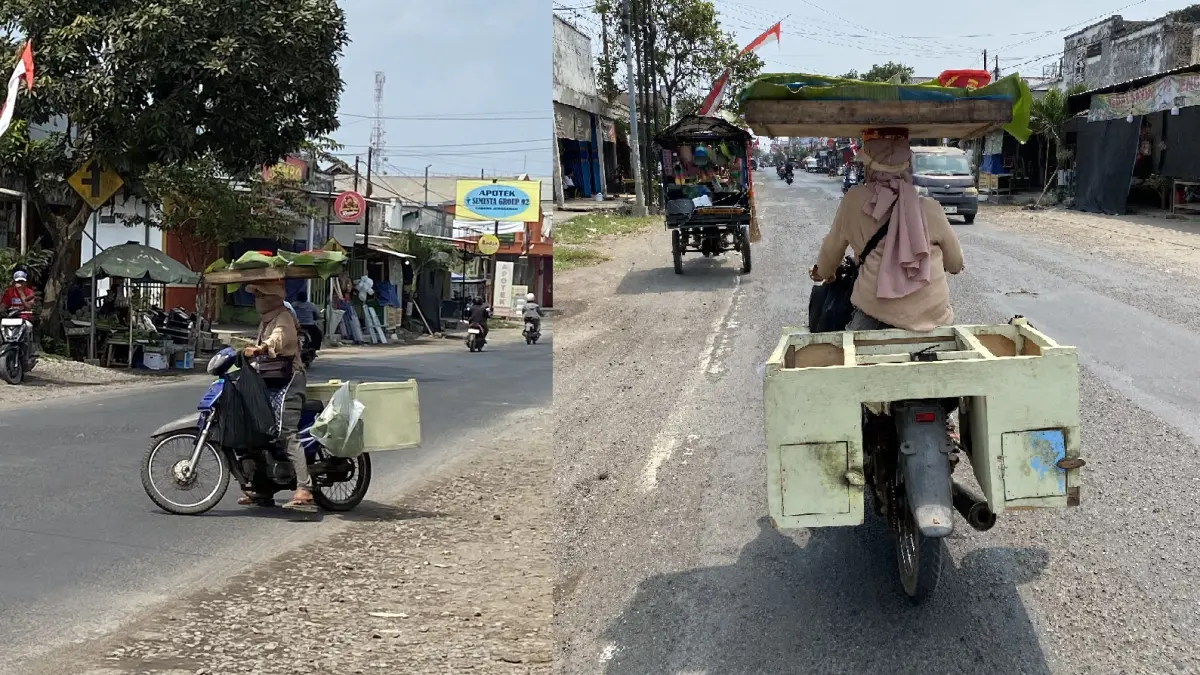 TAK BISA DITIRU: Nur Hasanah, 47, warga Desa Wonojati, Kecamatan Jenggawah, menjajakan lontong pecel dengan mengendarai motornya. (JUMAI/RADAR JEMBER)