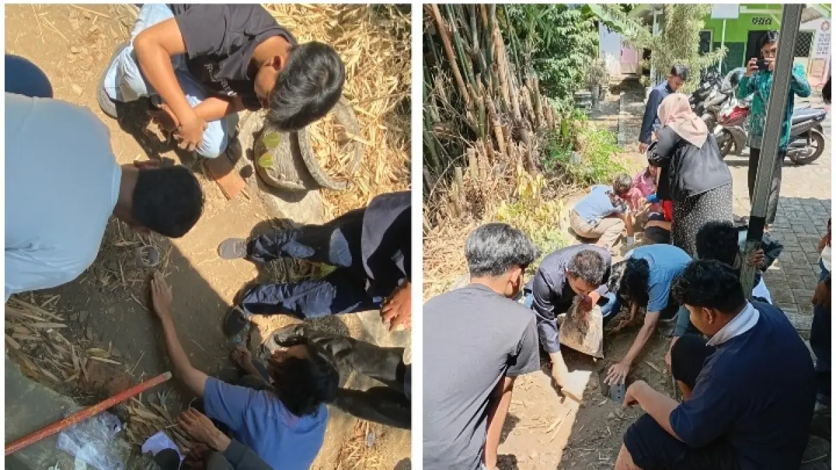 Tim pengabdian memberikan contoh pembuatan lubang biopori menggunakan alat cangkul hingga kedalaman yang sesuai