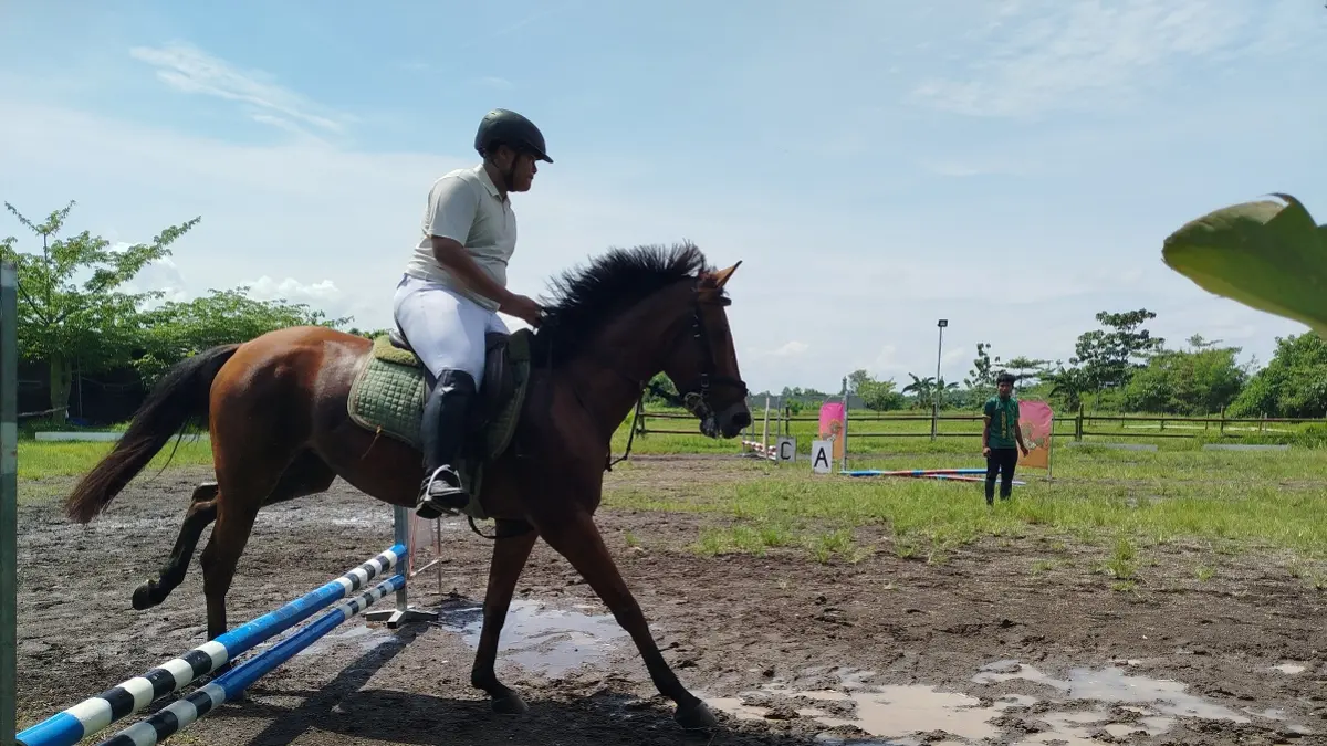 AJAK MELOMPAT: Atlet berkuda Jember berlatih lompat rintangan. Kepengurusan baru Pordasi Equestrian akan mengoptimalkan penjaringan atlet beru ke sekolah-sekolah. (YULIO FA/RADAR JEMBER)