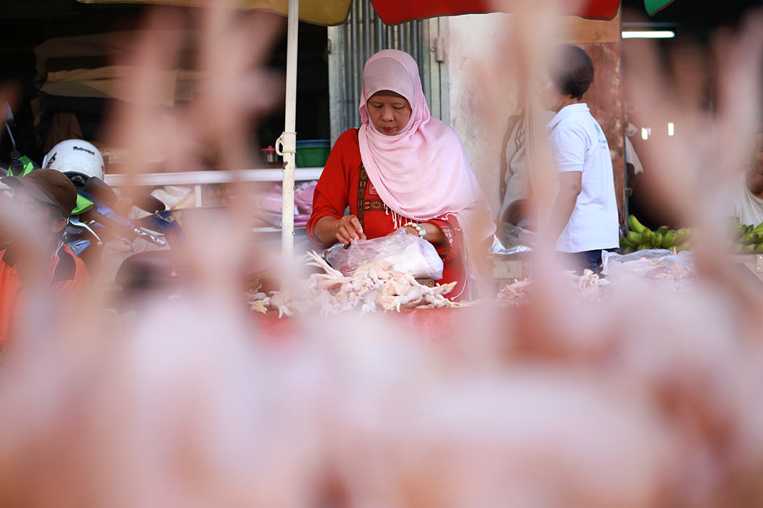 DWI SISWANTO/RADAR JEMBER SAMPAI KAPAN?: Harga daging ayam potong yang masih relatif tinggi membuat para pedagang sepi pembeli.