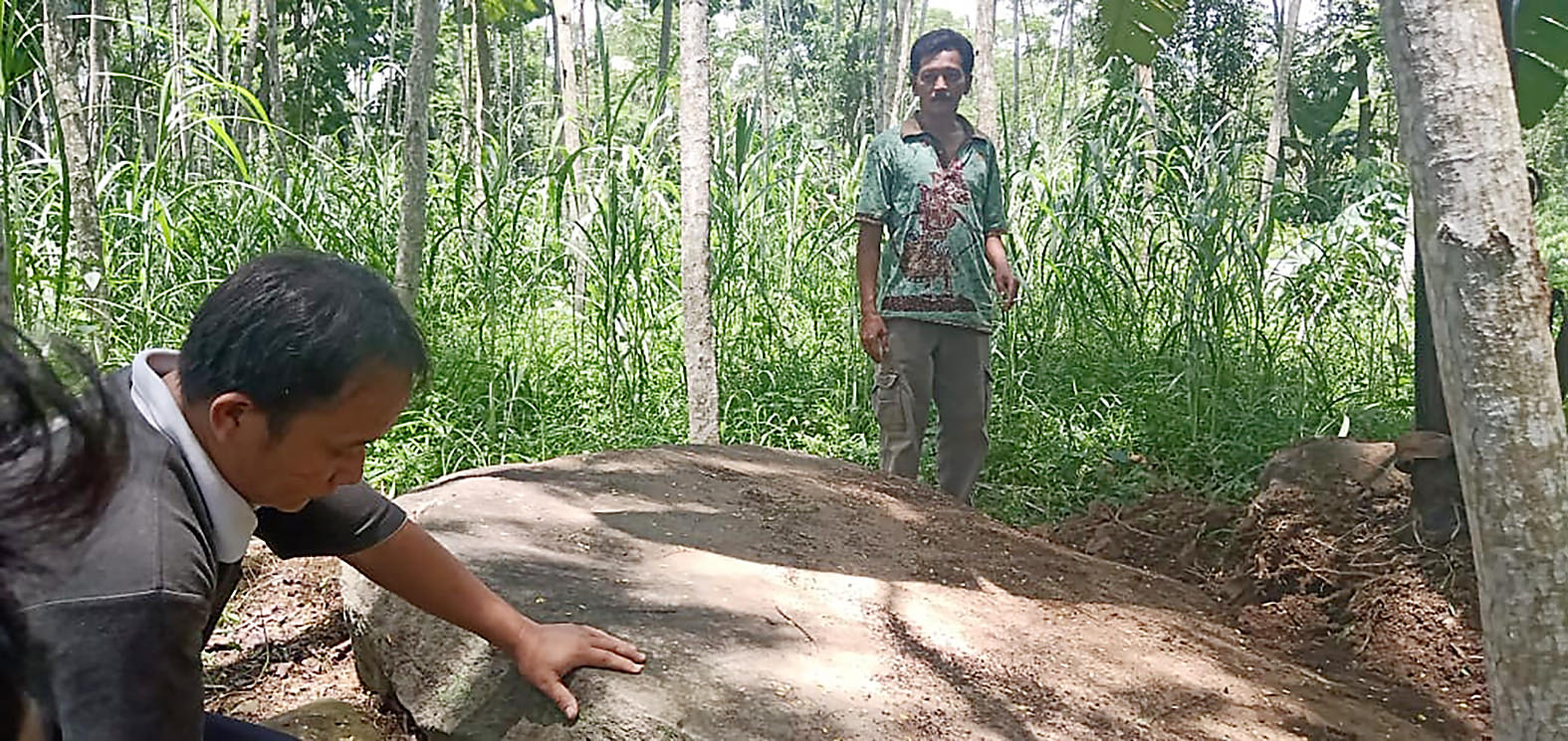 PENEMUAN DOLMEN: Batu besar yang berdiameter 3 meter ini ditemukan di lahan sengon di Desa Arjasa ditemukan oleh warga setempat. Setelah diperiksa, batu tersebut merupakan dolmen atau meja sesaji di era megalitikum.