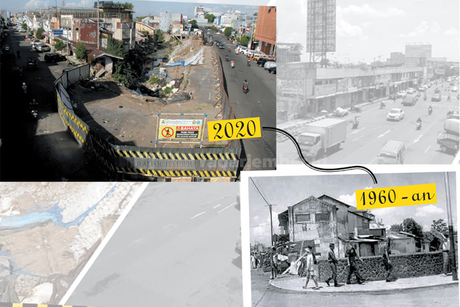 DULU DAN SEKARANG: Wajah eks pertokoan Jompo pascaambruk dan akan dibangun kembali menjadi jalan. Foto insert, Jembatan Jompo era 60-an silam.