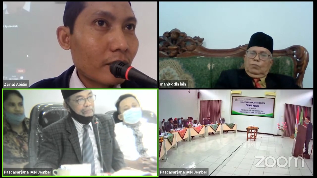 DUA MODEL: Proses ujian terbuka Program Doktor Pascasarjana IAIN Jember yang berlangsung daring dan luring.