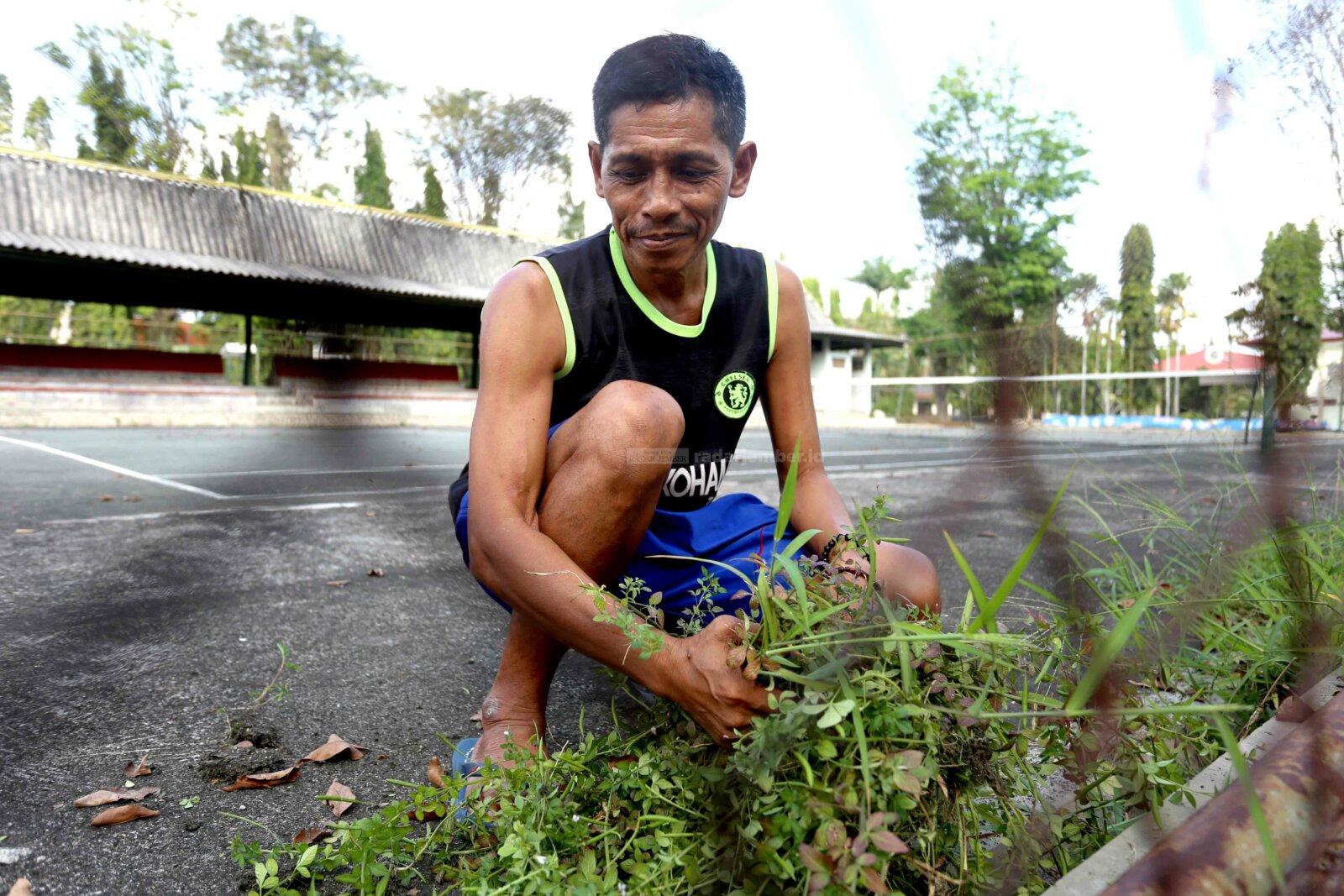 CEKATAN: Subandi, penjaga lapangan tenis di Kaliwates, sedang membersihkan rumput liar di sekeliling lapangan. Dia sudah belasan tahun bekerja di sana, sehingga paham betul perkembangan fasilitas olahraga milik pemkab tersebut.