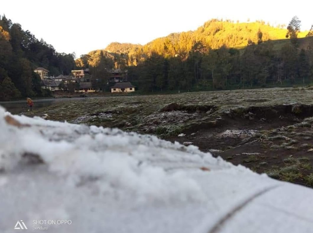 SUHU MENURUN: Suhu udara di kawasan Desa Ranupane, Kecamatan Senduro, hampir mencapai 0 Celsius. Kemarin, suhu di desa tersebut mencapai 4,6 Celsius.