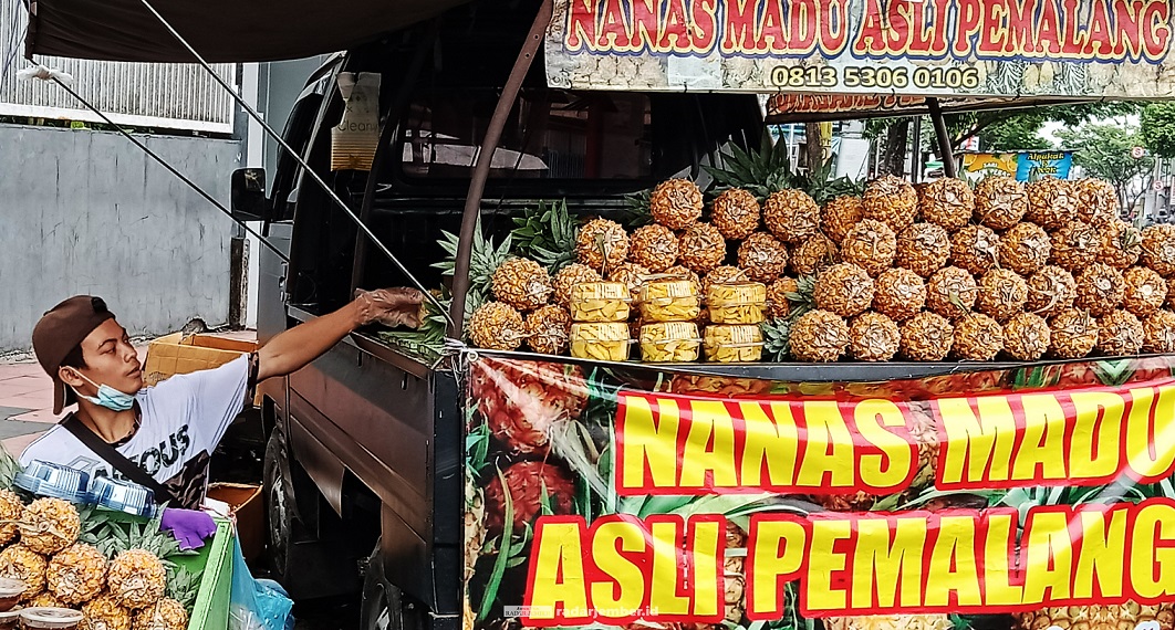 PRODUK BERVITAMIN: Salah seorang pedagang buah yang mangkal di kawasan kota. Petani buah di Kabupaten Jember merasa terancam oleh serbuan buah dari luar daerah. Sebab, hal itu dinilai akan melemahkan pasaran buah lokal.