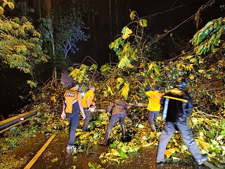 DIBERSIHKAN: Tim Reaksi Cepat BPBD Bondowoso bersama TNI, Polri, dan warga setempat berkerja sama membersihkan material longsor dan pohon tumbang yang menutup Jalan Raya Wringin, Rabu malam (2/3).