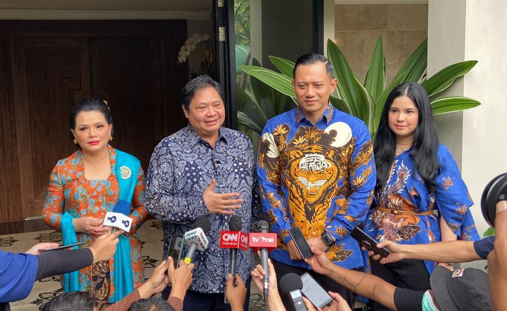 AKRAB: Ketua Umum DPP Parta Demokrat Agus Harimurti Yudhoyono ketika memberi keterangan pers saat berkunjung ke Menko Perekonomian Airlangga Hartarto.