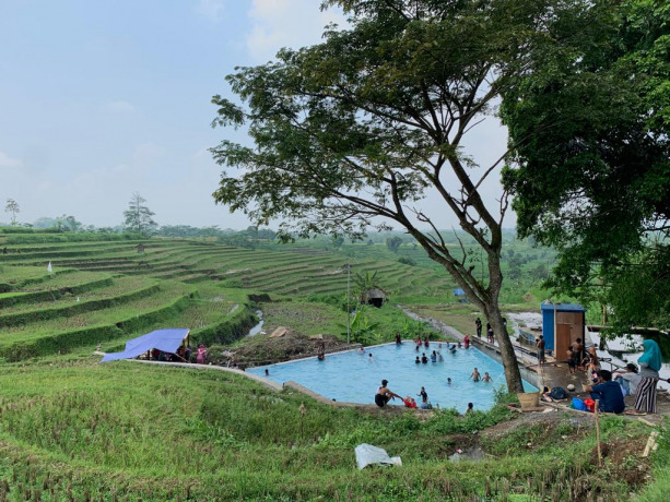 RAMAI: Warga memadati pemandian alam di Kalisemut, Kecamatan Padang, Lumajang. Mereka berenang sambil menikmati keindahan sawah terasering.