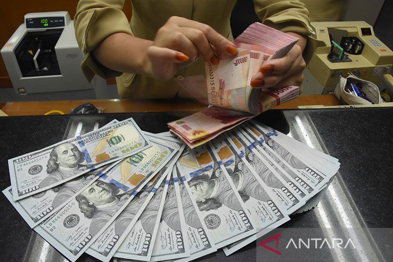 Caption Foto :&nbsp; Petugas kasir menghitung mata uang rupiah di gerai penukaran mata uang asing di Jakarta Pusat, Senin (25/2/2019). (Antara)