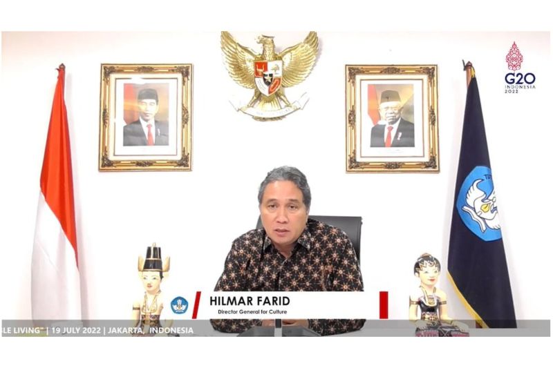 Direktur Jenderal Kebudayaan Kemendikbudristek Hilmar Farid saat memimpin pertemuan Kedua Pejabat Tinggi G20 di bidang Kebudayaan (second Senior Officials Meeting/SOM G20 Culture), Selasa (19/07/2022).