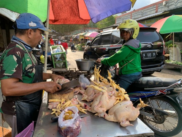 NORMAL: Penjualan daging ayam tidak terimbas sama sekali dengan naiknya harga telur di pasaran. Justru harganya menurun karena stoknya masih banyak.