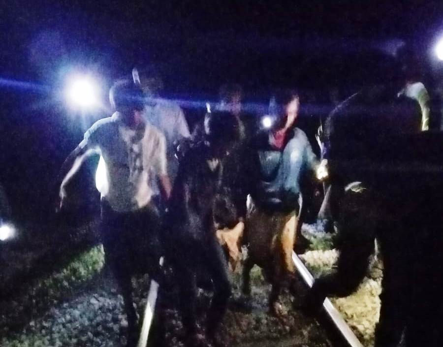 MENGENASKAN: Petugas dibantu warga mengevakuasi jenazah korban tertabrak kereta. Peristiwa itu terjadi di Dusun Karanganyar, Desa Sumbersalak, Ledokombo, Jember, kemarin malam.