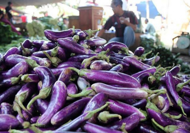 SEPI PEMBELI: Tumpukan sayuran terong di pasar tradisional di Jember. Kini, banyak pembeli memilih sayuran lain karena harga terong masih cukup tinggi.