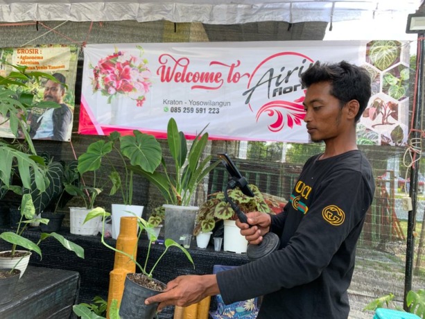 LIVE STREAMING: Pedagang bunga di pameran tanaman yang berada di Alun-Alun Lumajang sedang asyik live streaming di salah satu marketplace untuk menjual dagangannya.
