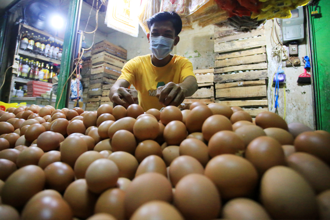 Caption: Seorang pedagang tampak memilih telur ayam ras di Pasar Kebayoran Lama, Jakarta, S kondisi saat ini harga telur belum beranjak turun dan hal ini dikeluhkan oleh konsumen.