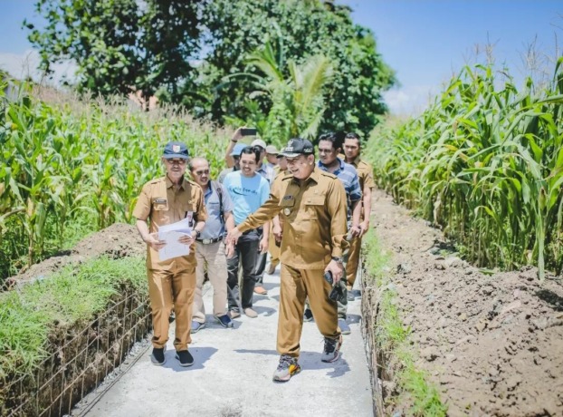 MEMANTAU: Bupati Jember Hendy Siswanto saat meninjau pembangunan JIT, Selasa kemarin (1/11), di lahan pertanian Dusun Darungan, Desa Jambearum, Kecamatan Puger.