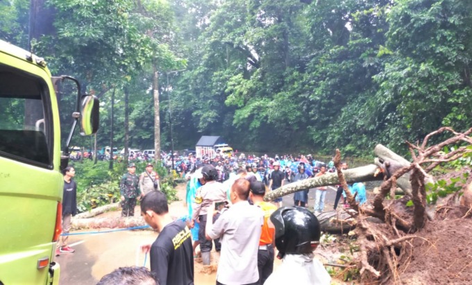 MACET LAGI: Kondisi jalur Gumitir saat terjadi longsor dan pohon tumbang setelah diguyur hujan cukup deras, Senin (7/11) siang.