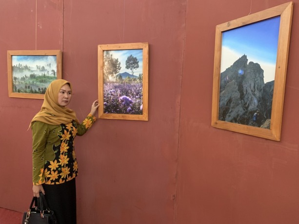 ESTETIS: Salah seorang pengunjung ketika melihat foto yang dipajang di GOR Pelita Bondowoso.