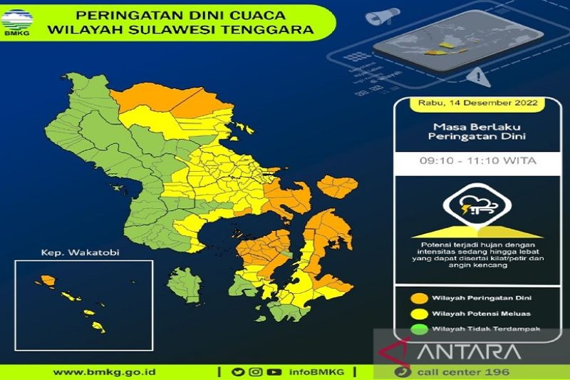 Badan Meteorologi, Klimatologi, dan Geofisika (BMKG) Kendari, Provinsi Sulawesi Tenggara menyebutkan beberapa wilayah kabupaten di Sultra pada pagi sekitar pukul 09.30 Wita hingga siang hari ini berpotensi hujan ringan