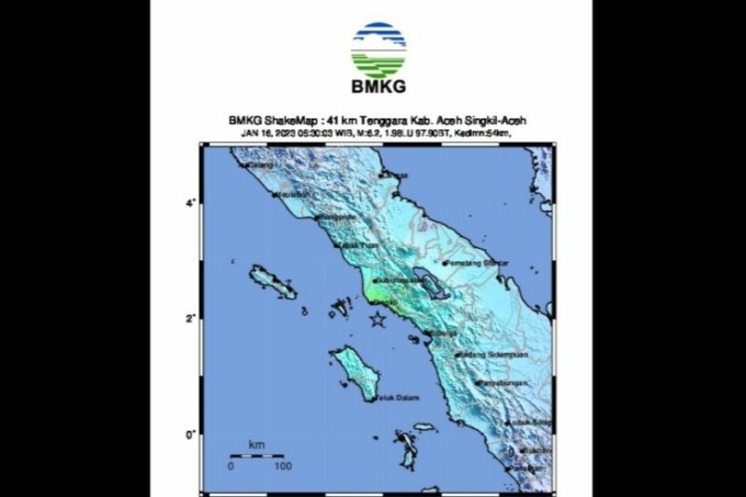 Tangkapan layar peta guncangan gempa bumi magnitudo 6,2 di wilayah Pantai Selatan Kota Singkil, Aceh pada Senin (16/1/2023) pukul 05.30 WIB.