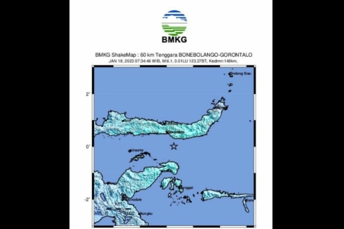 Peta gempa bumi di Teluk Tomini, Bone Bolango, Gorontalo pada Rabu (18/1/2023) pukul 07.34 WIB.
