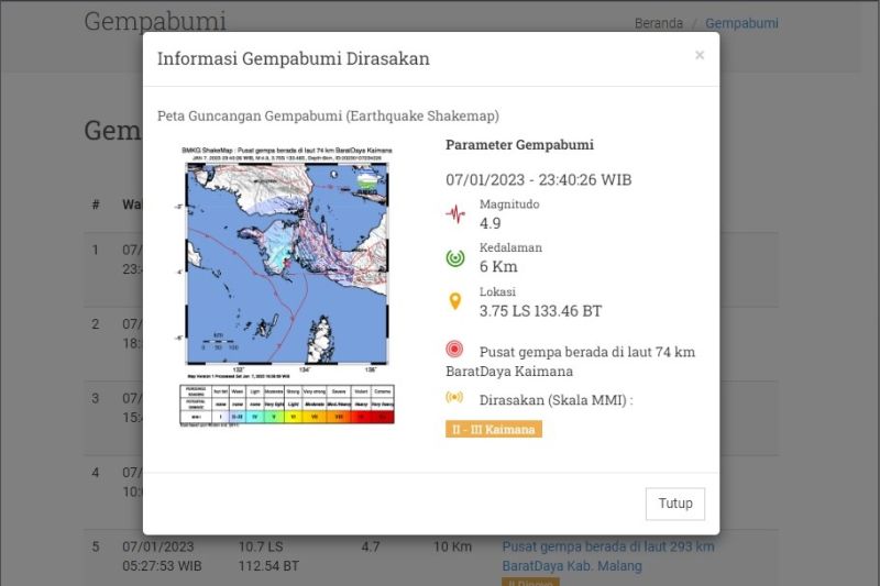 Tangkapan layar peta guncangan gempa bermagnitudo 4,9 yang melanda Kaimana, Papua Barat, pada Sabtu (7/1/2023) malam WIB, sebagaimana dirilis Badan Meteorologi, Klimatologi, dan Geofisika (BMKG).
