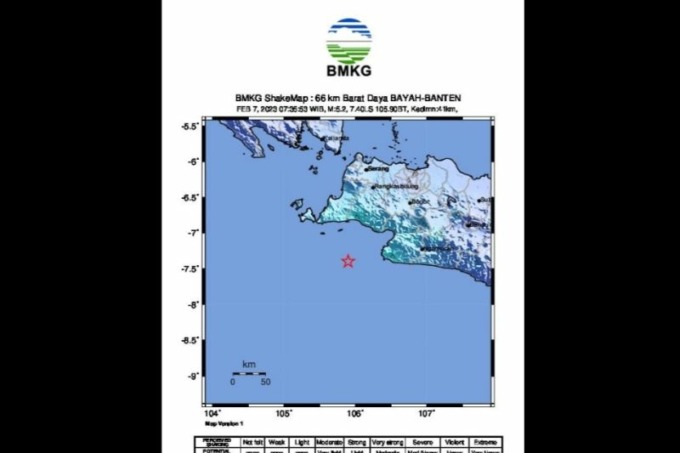 Peta gempa berkekuatan magnitudo 5,2 di selatan Banten, Selasa (7/2/2023).