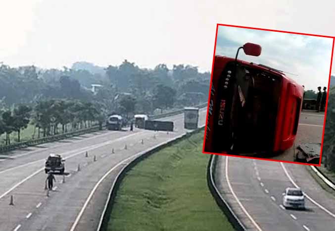 Jalan Tol Gempol-Pasuruan du Sekargadung yang jadi lokasi kecelakaan, Inset, Elf yang terguling di KM 799 Tol Gempol-Pasuruan setelah menabrak truk pagi kemarin. Tidak ada korban jiwa dalam insiden tersbut