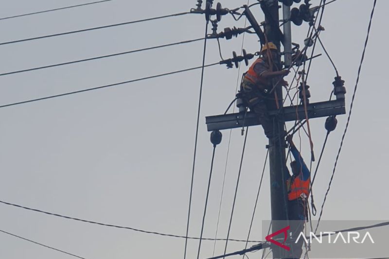 Petugas memperbaikan jaringan PLN Putus di Jalan Raya Desa Teja Timur, Pamekasan, Selasa, akibat disambar petir.