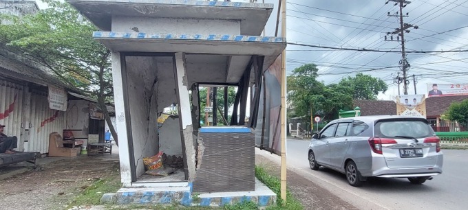 MEMBAHAYAKAN: Sebuah pos milik Dinas Perhubungan (Dishub) Jember yang ada di simpang tiga rawan roboh karena kondisinya sudah tak sempurna lagi.