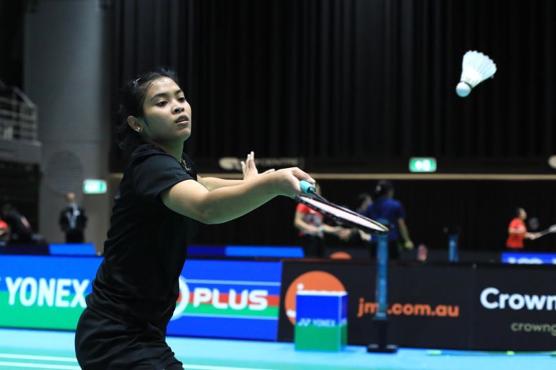 Pebulu tangkis tunggal putri Gregoria Mariska Tunjung saat menjalani latihan di lapangan utama Australian Open 2022 di Quay Centre, Sydney, Senin.