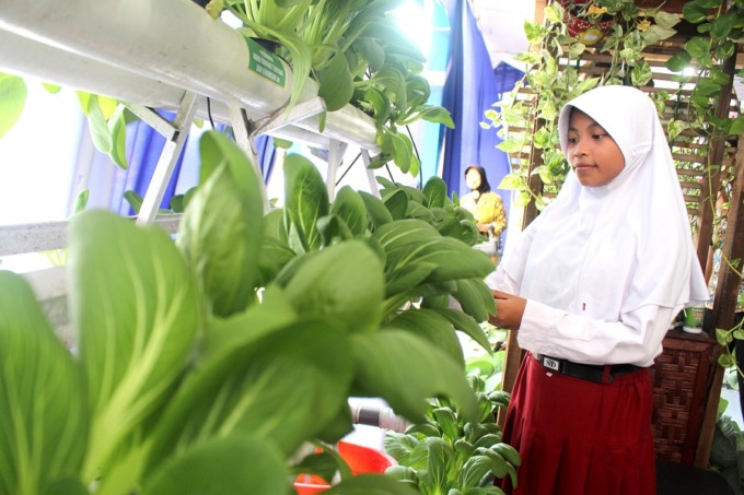 TAK CANGGUNG: Salah seorang siswa SD ketika merawat tanaman di halaman sekolahnya. Bercocok tanam di sekolah menjadi salah satu kegiatan pembelajaran yang positif.