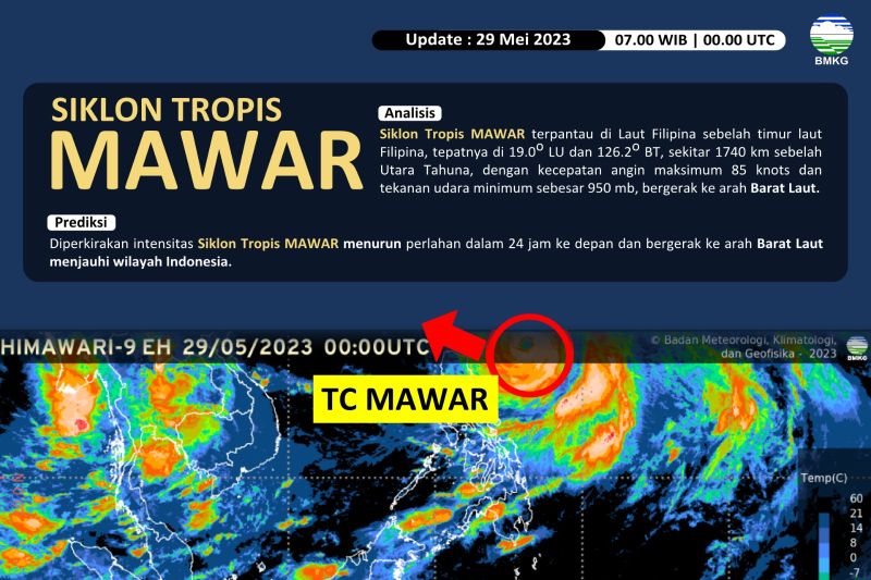 Tangkapan layar citra satelit yang dipublikasikan BMKG menunjukkan Siklon Tropis Mawar terpantau di wilayah Laut Filipina, Senin (29/9/5/2023).