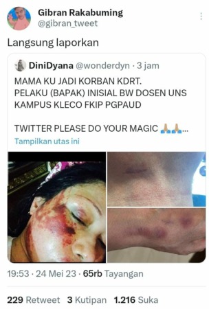 Cuitan Wali Kota Surakarta Gibran Rakabuming Raka merespons kekerasan dalam rumah tangga (KDRT), diduga dilakukan oknum dosen. (tangkapan layar)