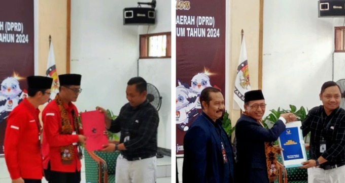 TERPAUT SATU JAM: DPC PDI Perjuangan Jember saat mendaftarkan bacalegnya ke kantor KPU Jember, Kamis (11/5) sekitar pukul 09.00 -10.00. Kemudian pukul 11.00, DPD Partai NasDem datang bersama rombongan ke kantor KPU Jember dengan tujuan sama. (Maulana/Rada