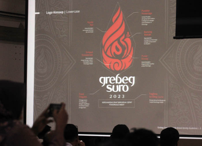 SERUPA SEBELUMNYA: Logo dan tema Grebeg Suro 2023 tidak jauh beda dengan tahun lalu, diperkirakan rangkaian kegiatan semakin semarak. (AJI PUTRA/JAWA POS RADAR PONOROGO)