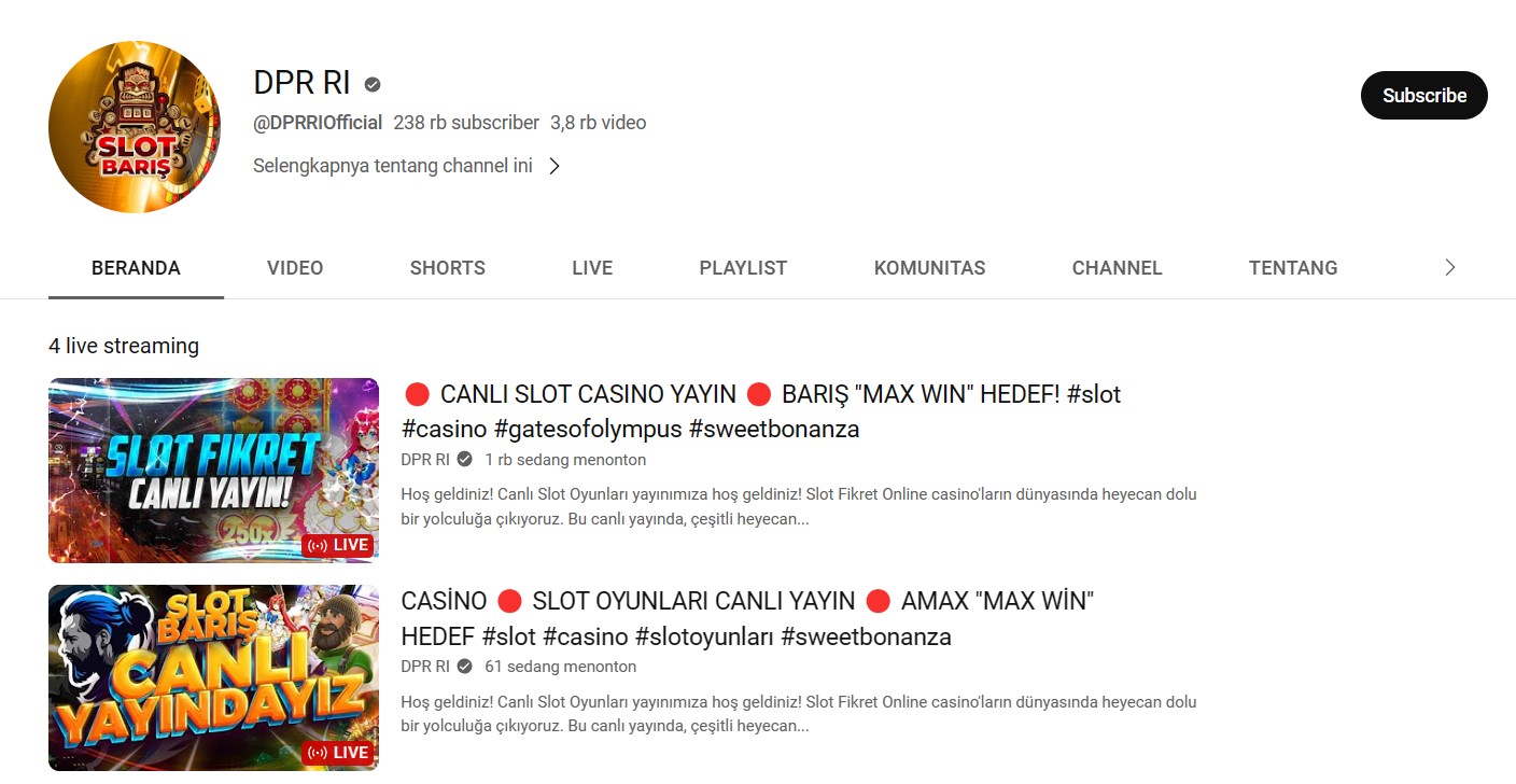 DIRETAS: Kanal YouTube DPR RI diretas dan mempromosikan judi online, pada Rabu (6/9) pagi. (SCREENSHOT YOUTUBE DPR RI)