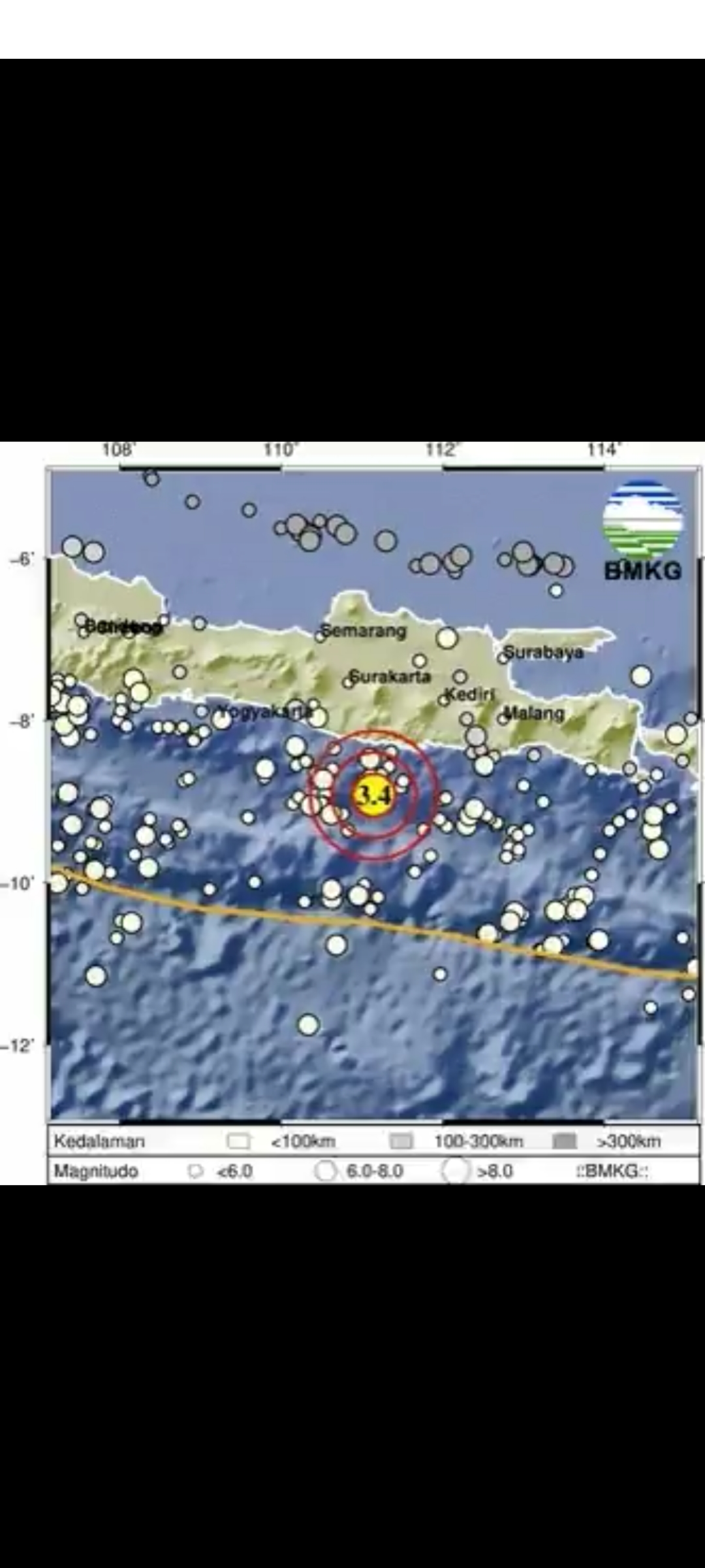 TENGGARA PACITAN: Titik gempa pada Senin (25/9) sore, berlokasi di tenggara perairan Pacitan. (TWITTER INFOBMKG)
