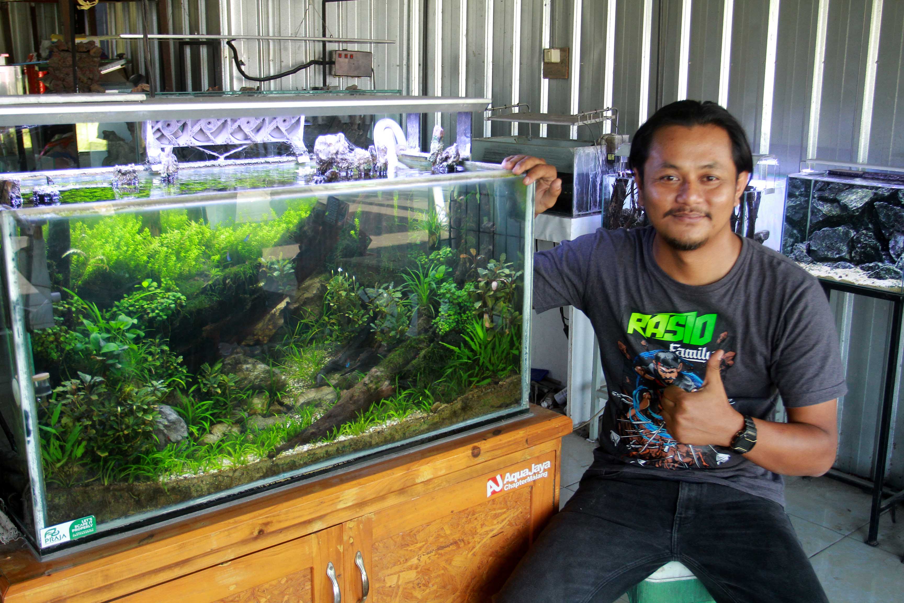 TELATEN: Danang menjadi aquascaper asal Kota Madiun sejak 2017 lalu. (BAGAS BIMANTARA/RADAR MADIUN)