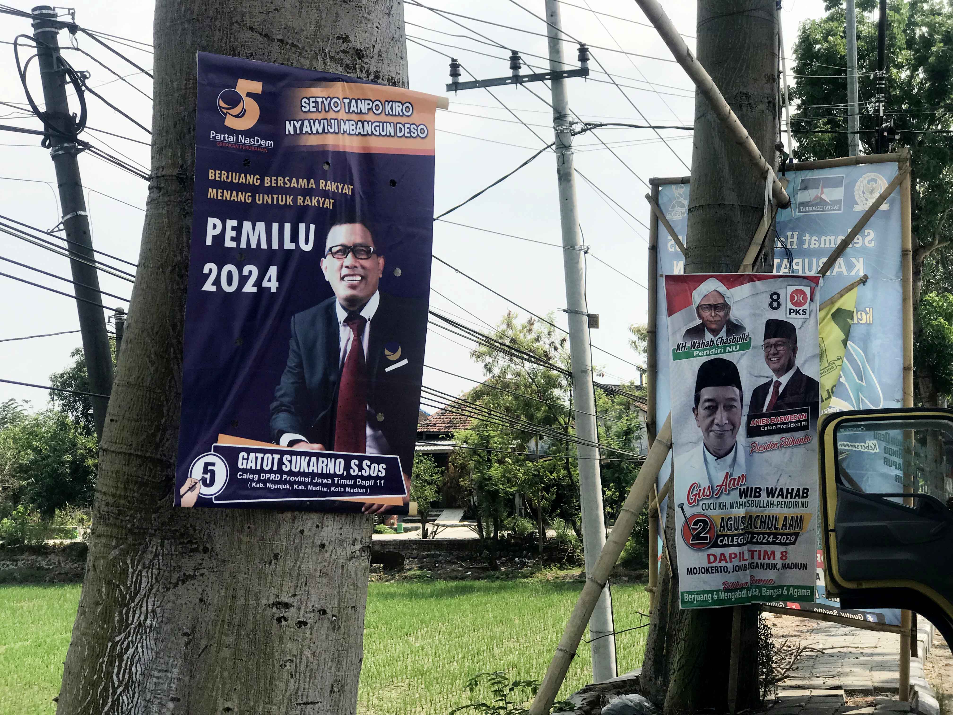TIDAK RAMAH: Pemasangan banner dipaku di pohon pinggir jalan. (R. BAGUS RAHADI/RADAR CARUBAN)&nbsp;