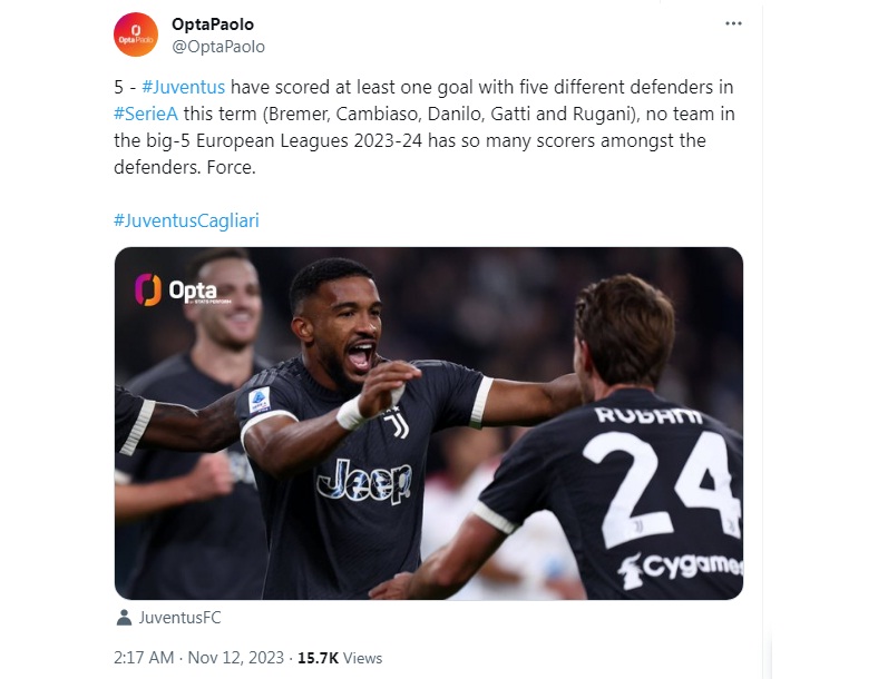 OptaPaolo mencatat lima pemain bertahan Juventus telah mencetak setidaknya satu gol.