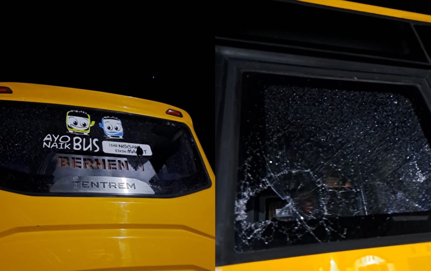 PECAH: Kaca bus Perspa pecah usai diduga dilempari batu di Slahung, saat para pemain dalam perjalanan pulang ke Pacitan. (ISTIMEWA)