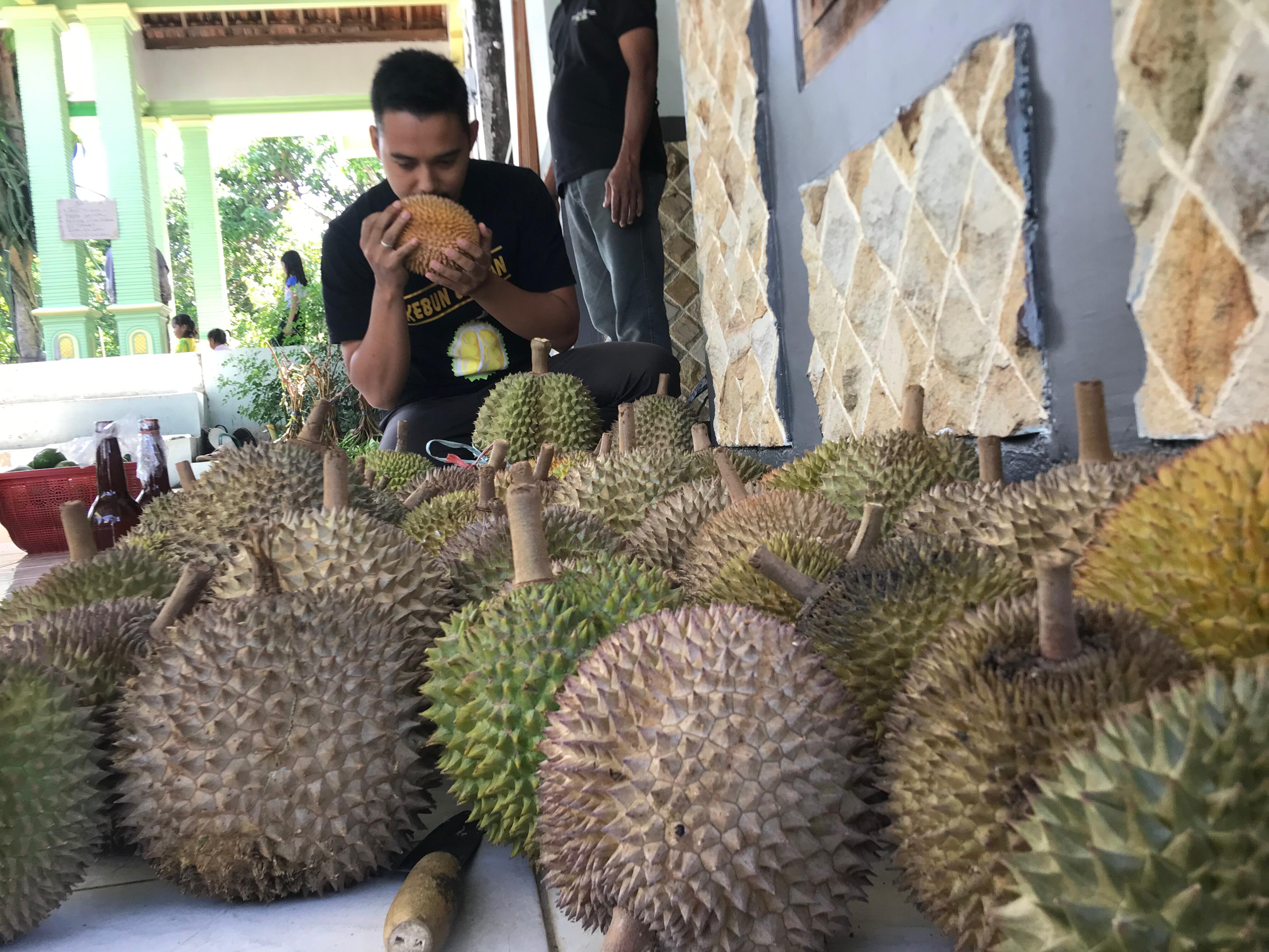 PANEN RAYA: Warga membeli durian lokal asli Desa Segulung, Kecamatan Dagangan, Kabupaten Madiun.&nbsp;(R. BAGUS RAHADI/RADAR CARUBAN)