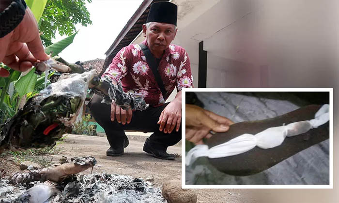 DIMUSNAHKAN: Benda menyerupai pocong yang dibakar di balai Desa Sruwi, Winongan. Inset, benda menyerupai pocong kecil sesaat sebelum dibakar. (Mokhamad Zubaidillah/Radar Bromo)