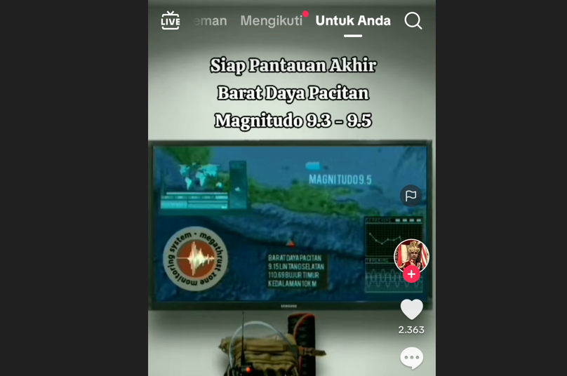 HOAKS: Tangkapan layar konten hoaks yang menyebutkan Pacitan dilanda gempa 9,5 SR. (TIKTOK)