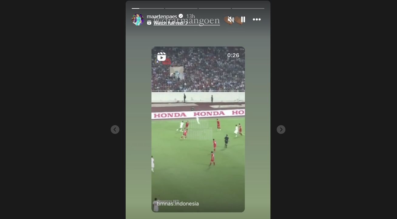 IKUT GEMBIRA: Kiper FC Dallas Maarten Paes memposting story gol Ragnar Oratmangoen saat Timnas Indonesia mencukur Vietnam, Selasa (26/3) malam. (IG @MAARTENPAES)